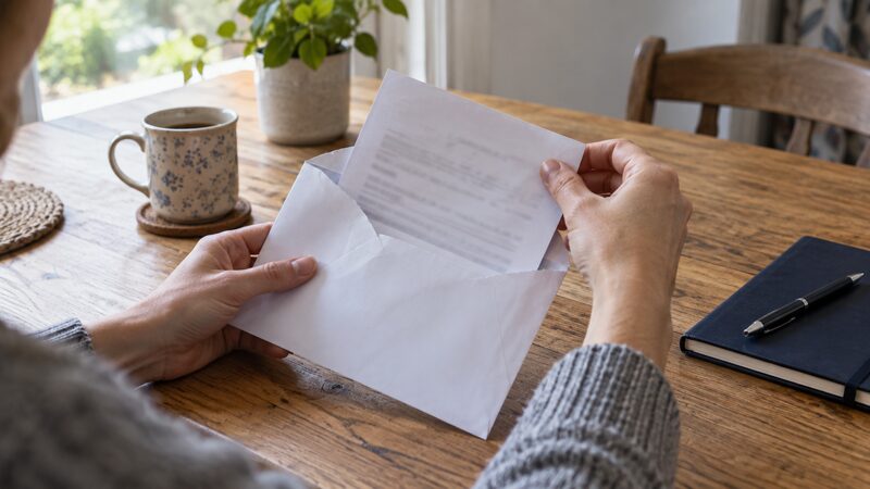 Hands open a plain envelope and draw out a folded letter at a table.
