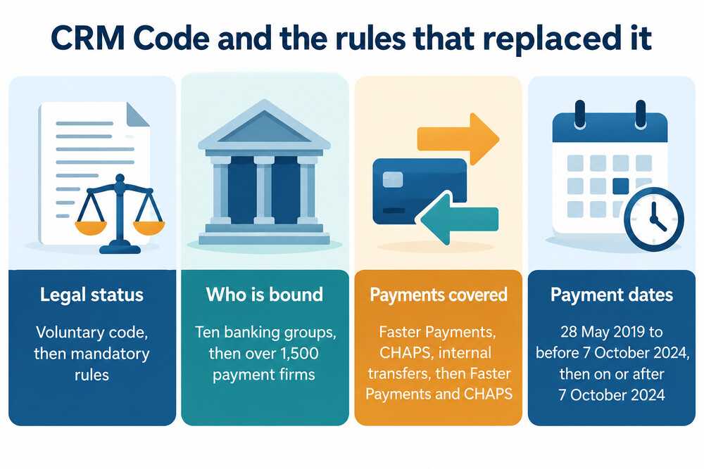 A side-by-side comparison of the voluntary CRM Code and the mandatory reimbursement rules
