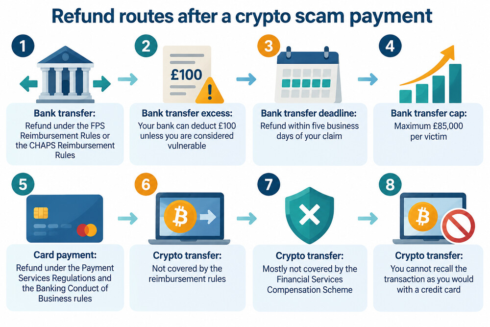 A flow diagram showing money leaving a bank account by transfer, card or crypto and the different refund routes
