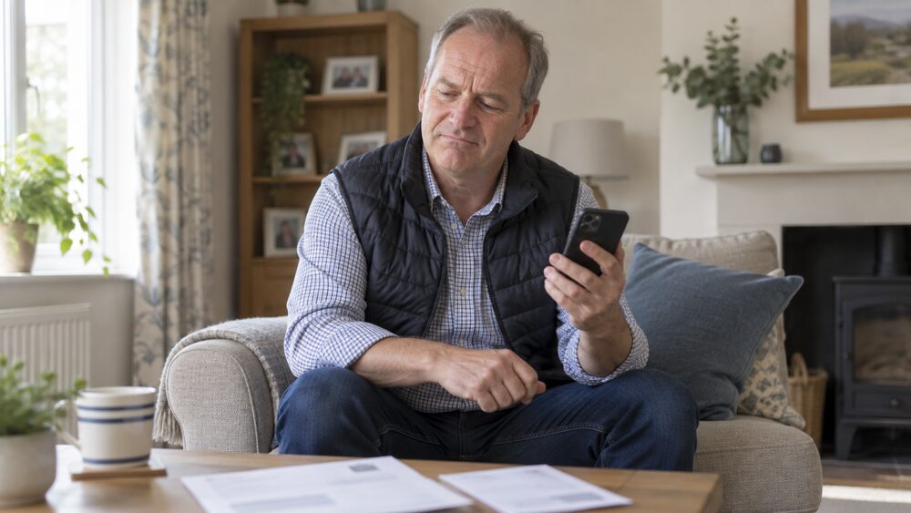 A man on a sofa holds his phone away from his ear, frowning sceptically at it.