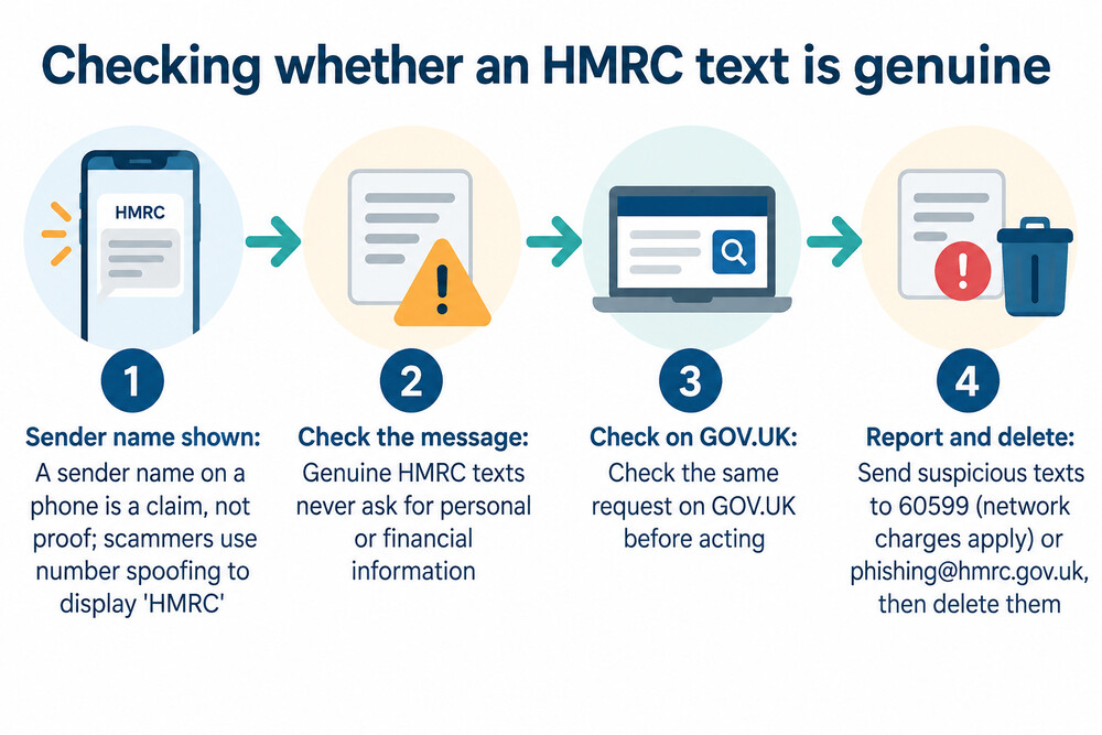 A phone screen showing a text message with the sender name displayed, and a second screen showing the same message checked on GOV.UK