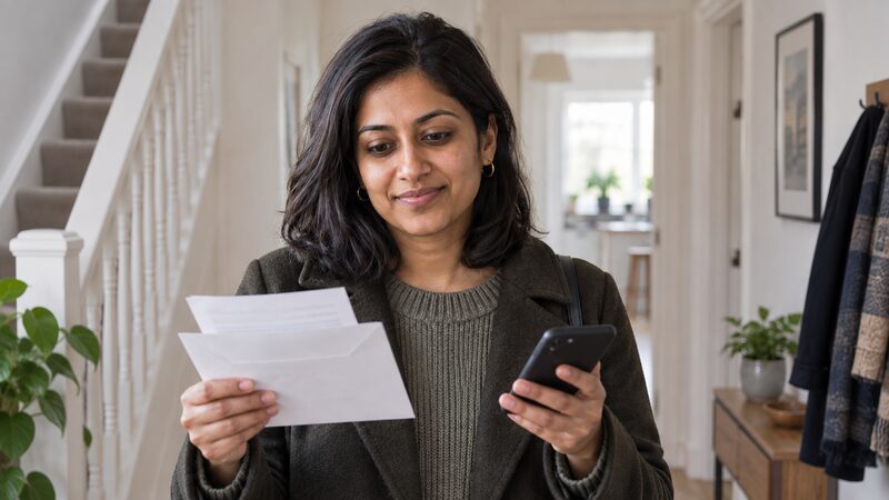 A woman stands in a hallway holding an opened letter and a phone.