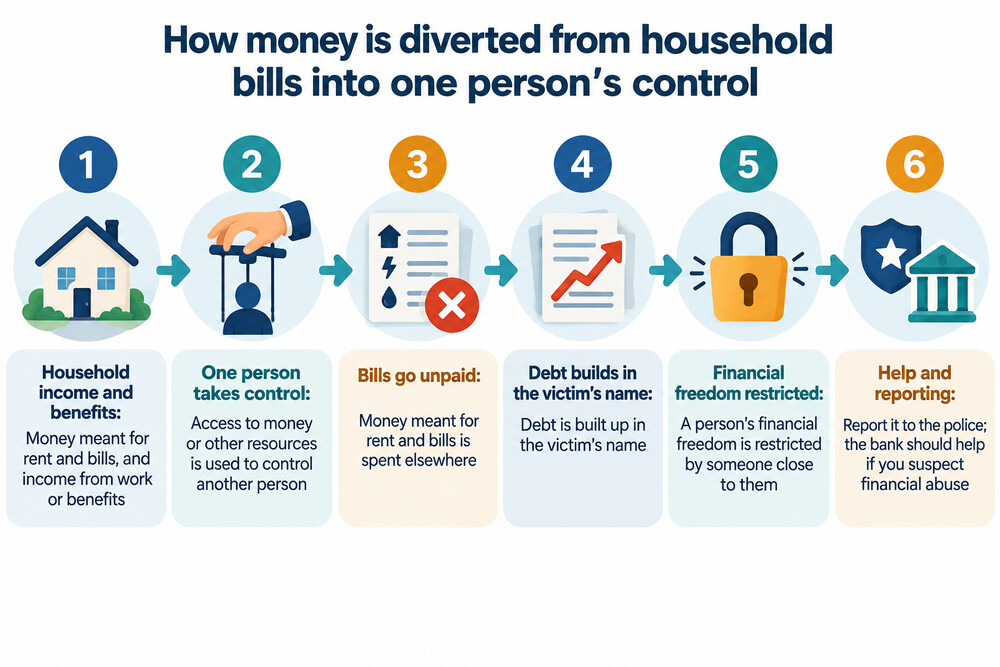 A simple diagram showing money being diverted from household bills into one person's control