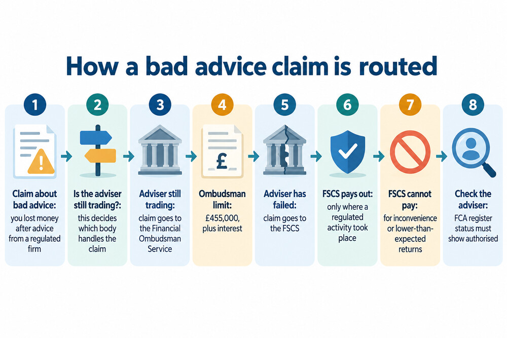 A timeline showing a bad advice claim moving from the adviser to the ombudsman or to the FSCS depending on whether the firm has failed