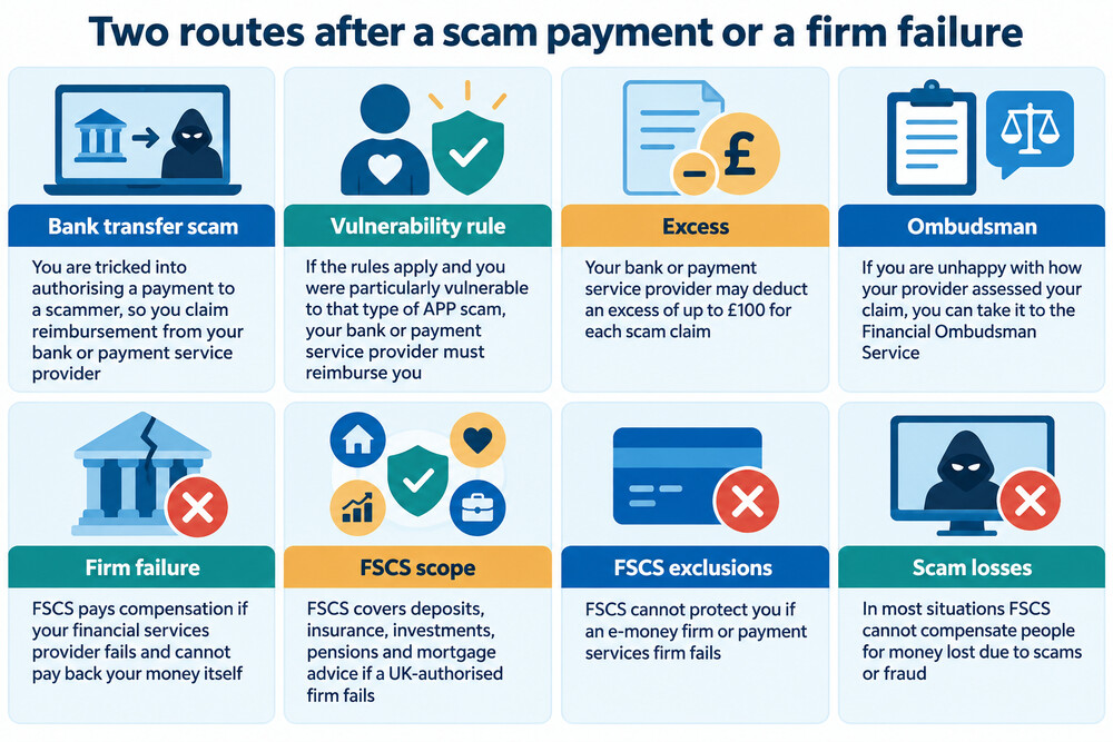 A simple side-by-side showing a bank transfer scam going to the bank for a refund and a firm failure going to the FSCS