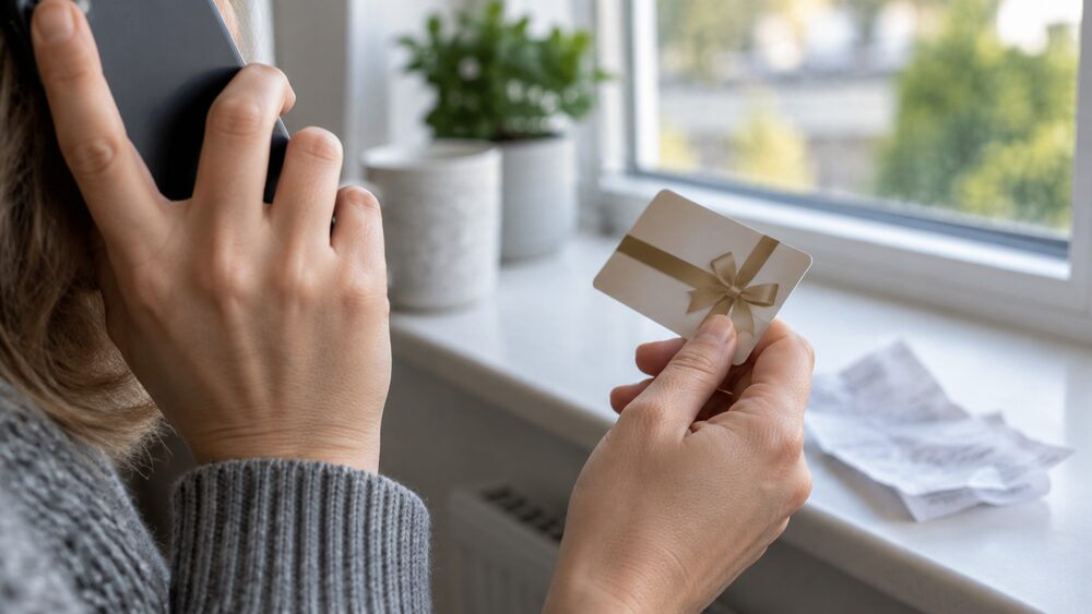 Hands hold a gift card and a phone, with a blurred receipt nearby.
