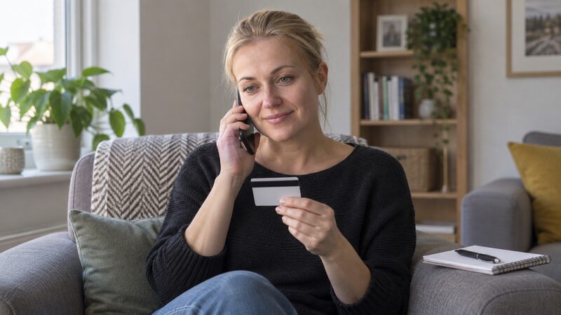 A woman sits in an armchair holding a phone and a gift card.