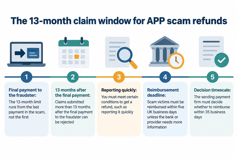 A timeline showing the 13-month claim window running from the final payment to the fraudster