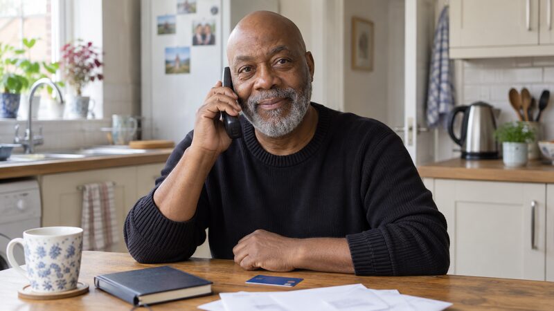 An older man sits at a kitchen table holding a phone, with a card and papers nearby.