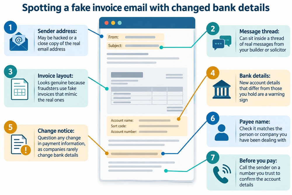 A fake invoice email that appears to come from a builder but gives new bank details
