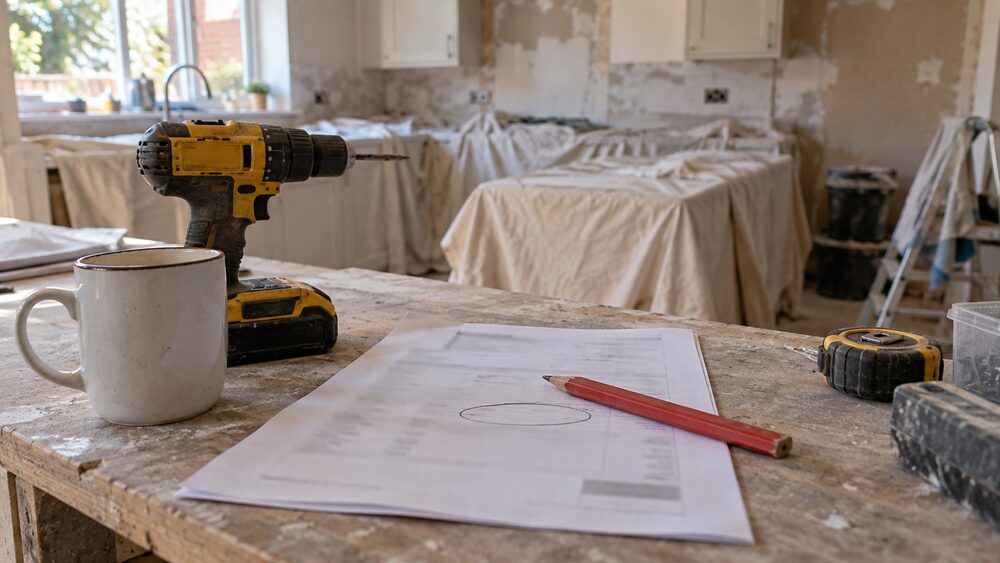 A printed invoice with a circled line lies on a bench beside a drill and a mug.