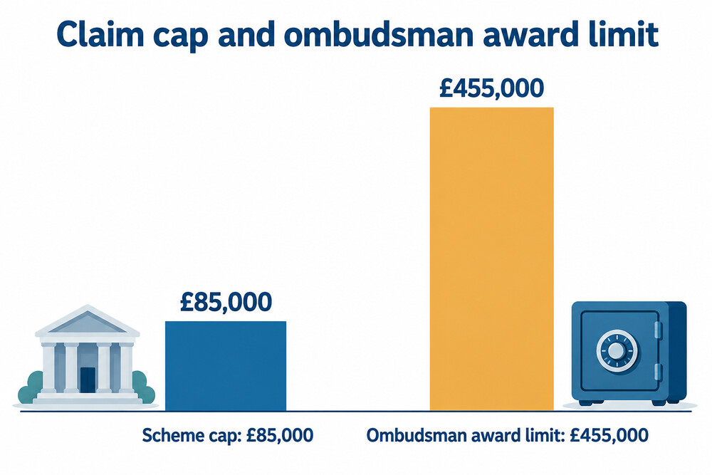 A simple bar chart showing the £85,000 scheme cap beside the ombudsman's higher award limit