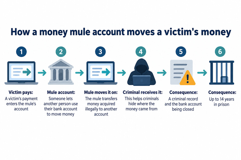 A diagram showing how a money mule account sits between a victim and a criminal