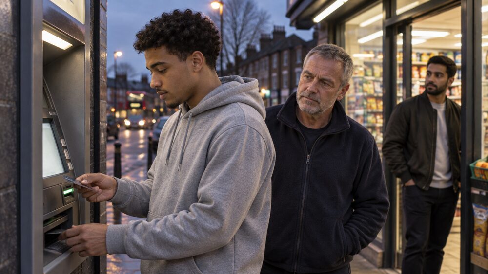 A young man takes cash from a machine at dusk while two men watch nearby.