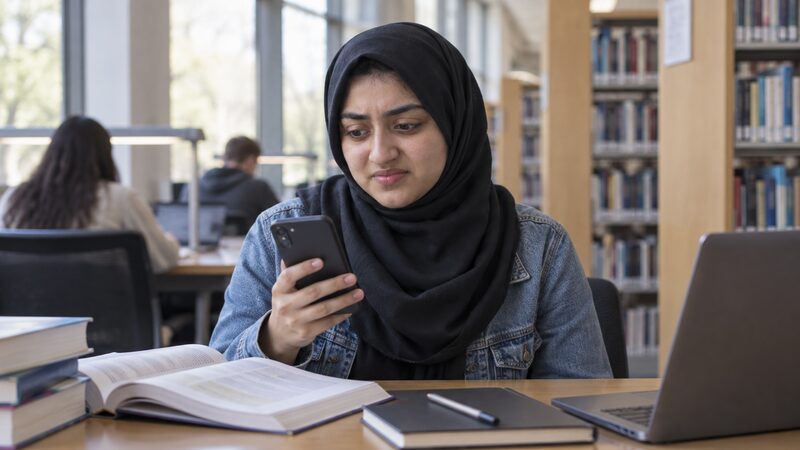 A young woman at a library desk looks at her phone with a wary expression.