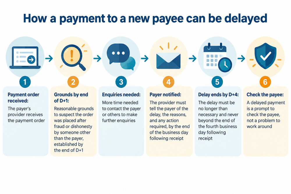 A phone screen showing a bank transfer to a new payee paused with a message that the payment is being checked