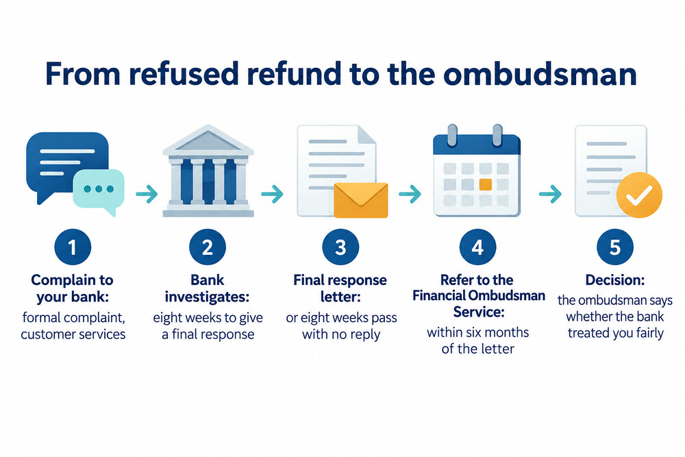 A simple flow showing a complaint moving from the bank, to a final response letter, to the Financial Ombudsman Service