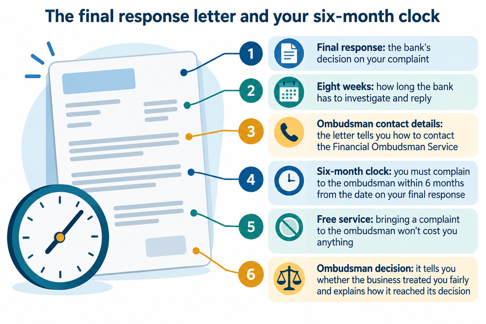 A bank's final response letter, showing the date and the section explaining the right to refer the complaint to the Financial Ombudsman