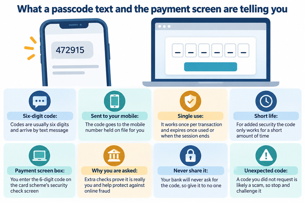 A phone screen showing a text message containing a six-digit payment verification code, next to a payment confirmation screen waiting for the code to be entered