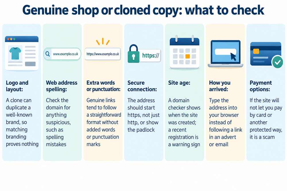 A side-by-side comparison of a genuine retailer's website and a cloned copy, with the web address highlighted as the difference