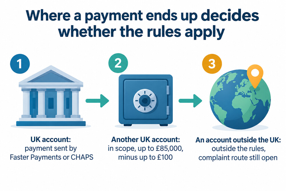 A flow diagram showing a UK payment that is in scope and a UK-initiated payment routed to an overseas account that is out of scope