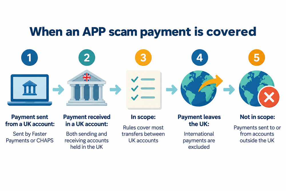 A simple map showing a payment leaving a UK account and arriving at another UK account, with a second arrow leaving the UK and marked as outside the scheme
