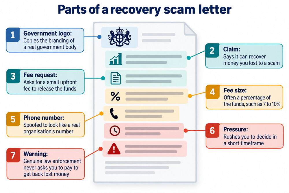 A fake letter claiming to be from a government agency, asking for a fee to release recovered funds