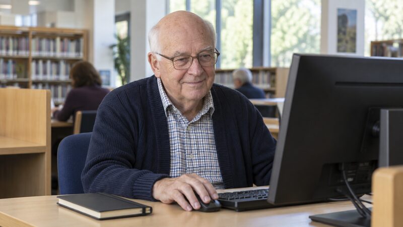 An older man sits at a library computer desk with a notebook beside him.