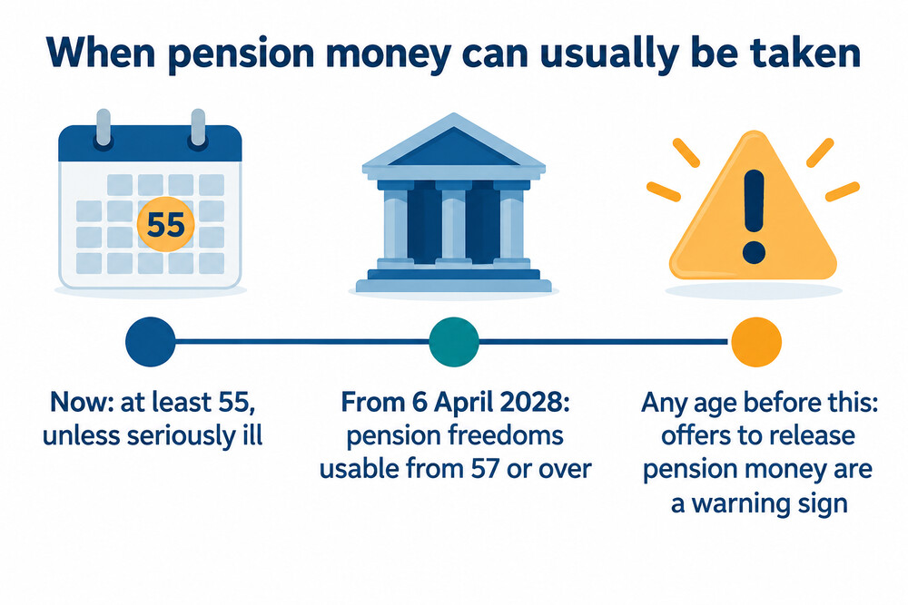 Timeline showing the minimum pension age now and from April 2028