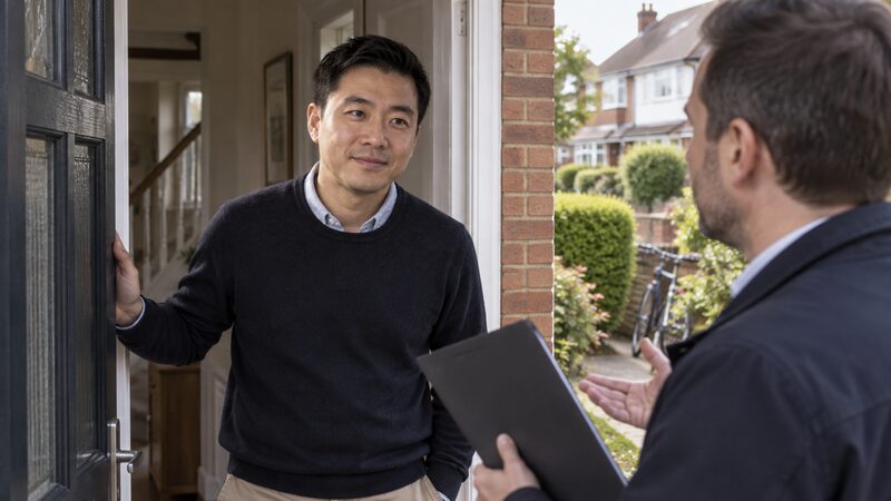 A man stands in his front doorway facing a caller with a folder.