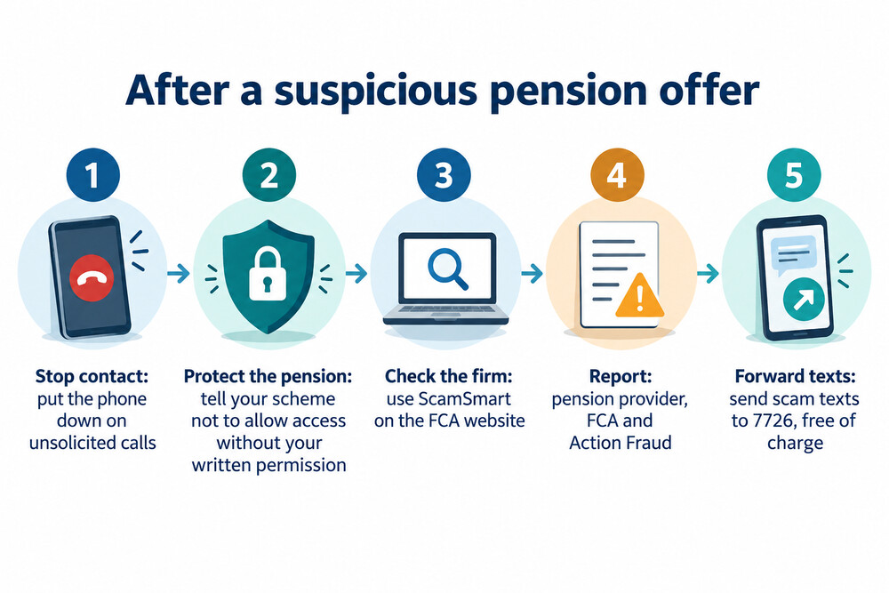 Flow showing what to do after a suspicious pension offer
