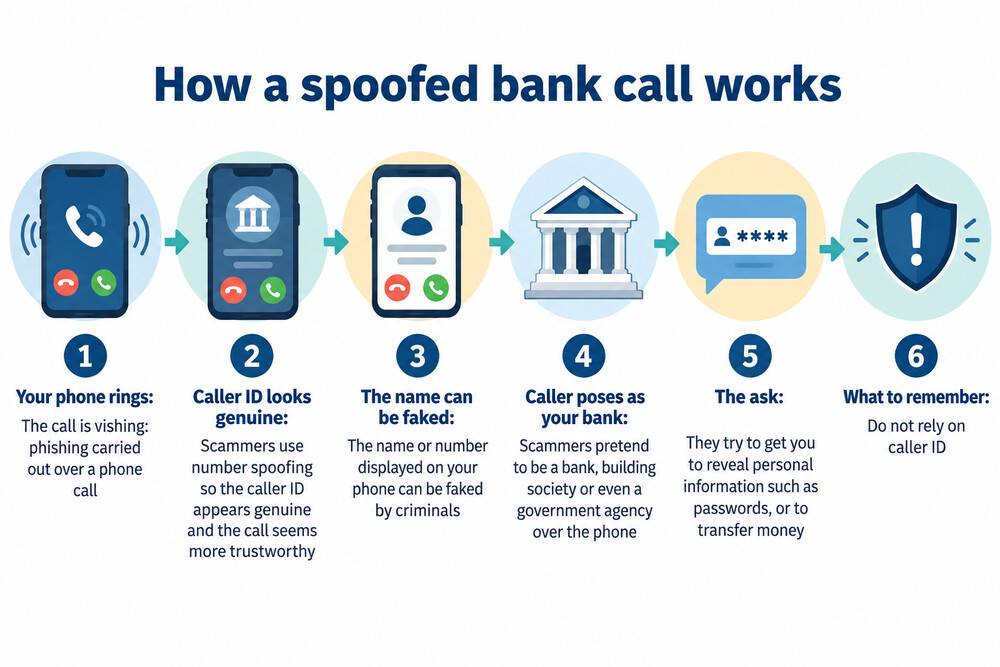 A phone screen showing a bank's genuine number on caller ID while the call actually comes from a scammer