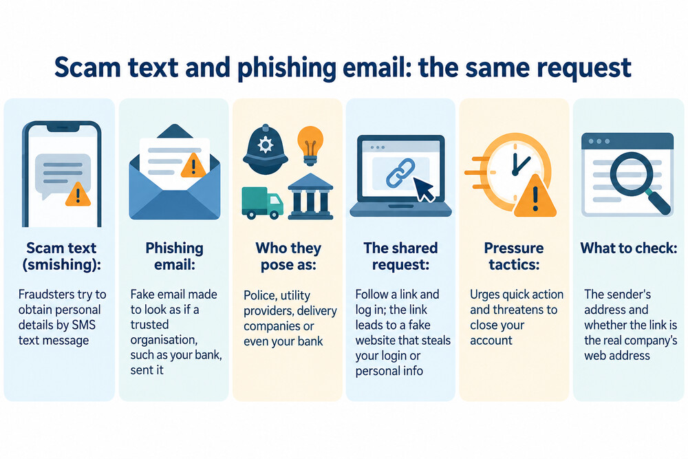 Examples of a phishing email, a smishing text and a vishing call, showing the same bank scam arriving through three channels