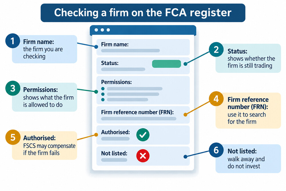 A screenshot-style view of an FCA register search result showing a firm's status and reference number
