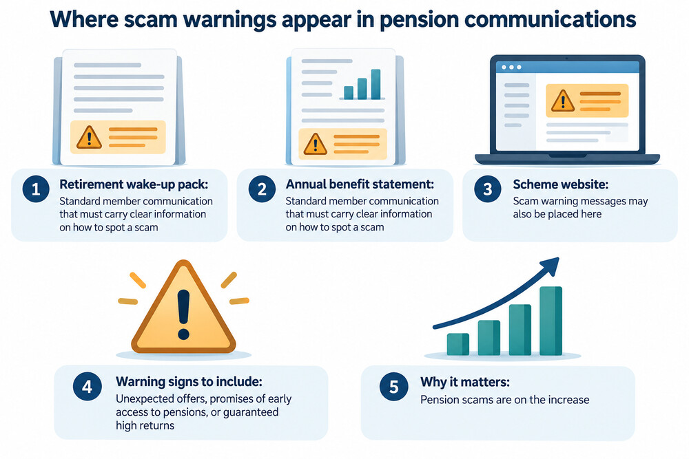 A retirement wake-up pack and annual benefit statement, with the scam warning panel highlighted
