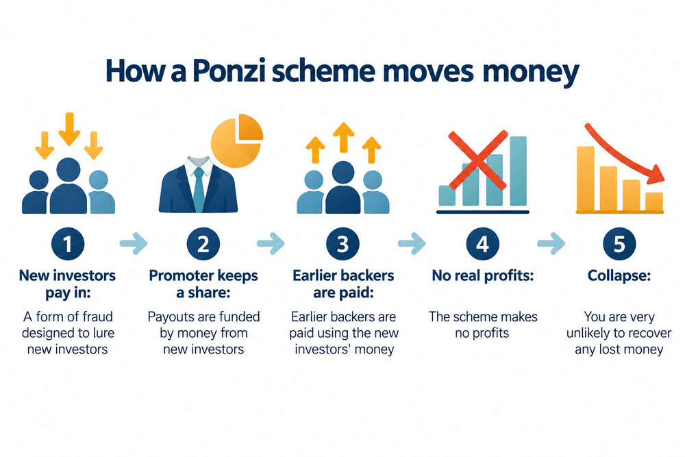 A simple flow showing money from new investors being paid out to earlier investors, with a small share kept by the promoter