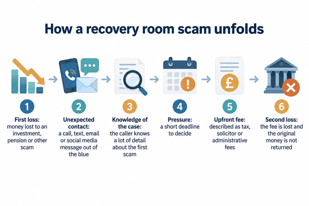 How a recovery room scam unfolds, from first contact to the second loss