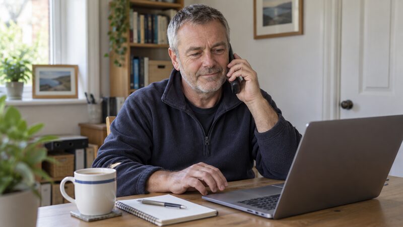 A man sits at a desk with a phone to his ear and a laptop open.