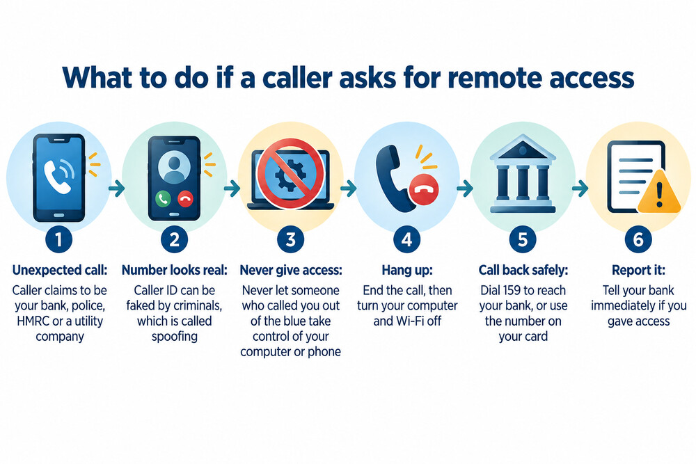 A phone screen showing a call from a bank's real number, with a note that the number can be spoofed