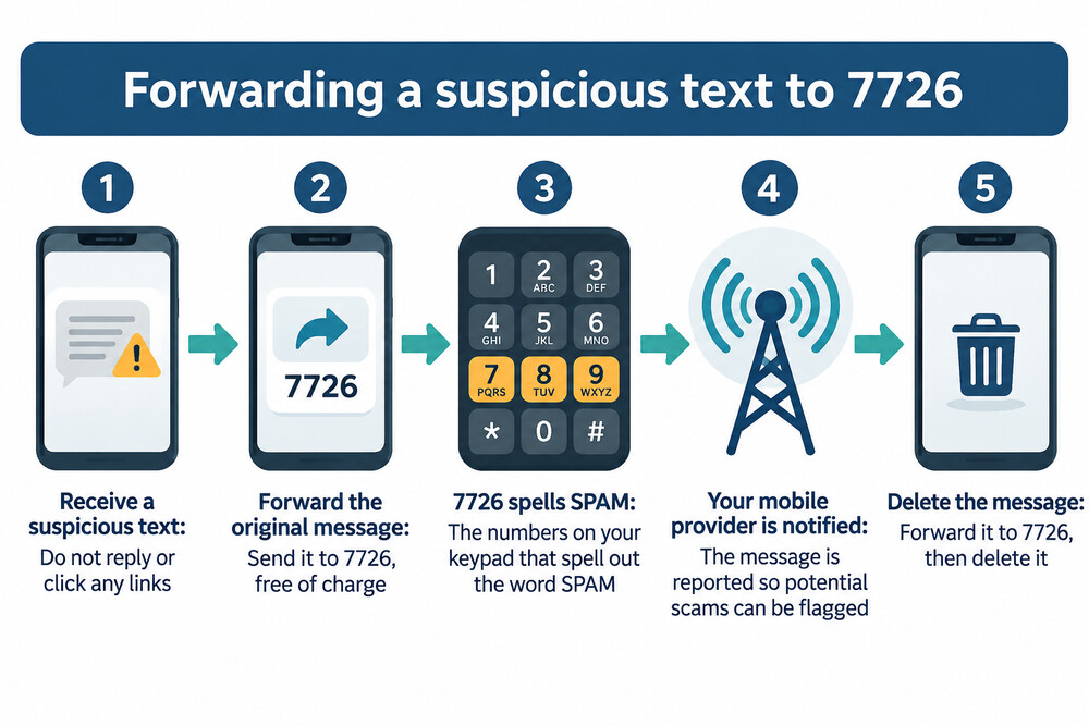 A phone screen showing a suspicious text with the forward option highlighted and 7726 typed in the recipient field