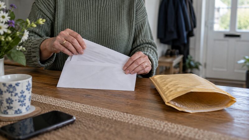 Hands slide a letter into an envelope beside a padded posting envelope.