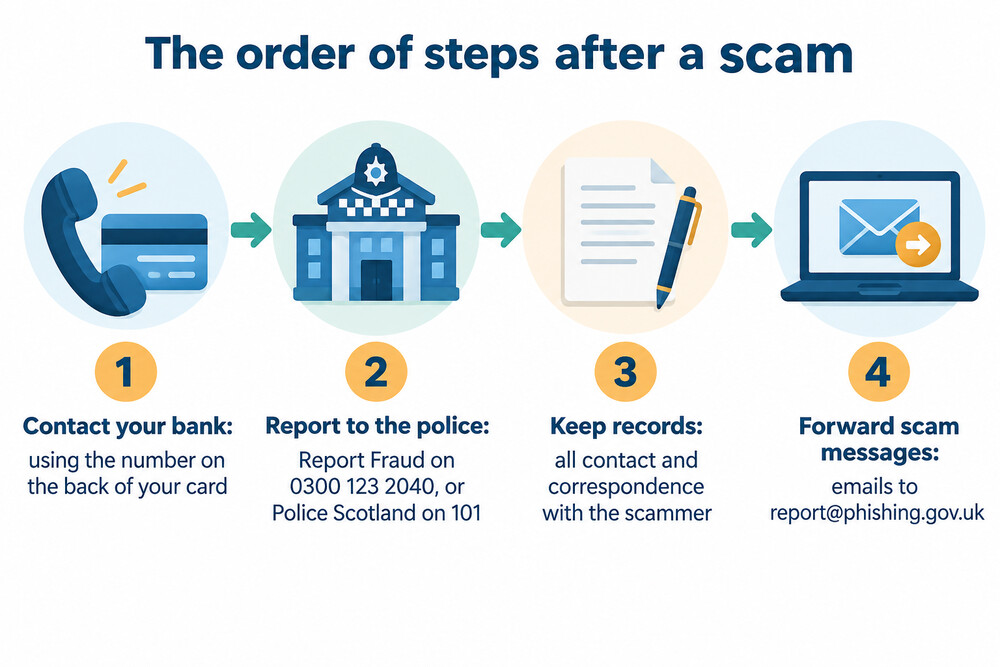 diagram showing the order of steps after a scam: bank, police report, keep records, forward messages