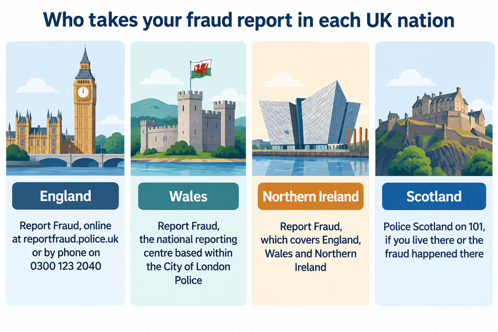 A map of the United Kingdom showing which fraud reporting service covers each nation