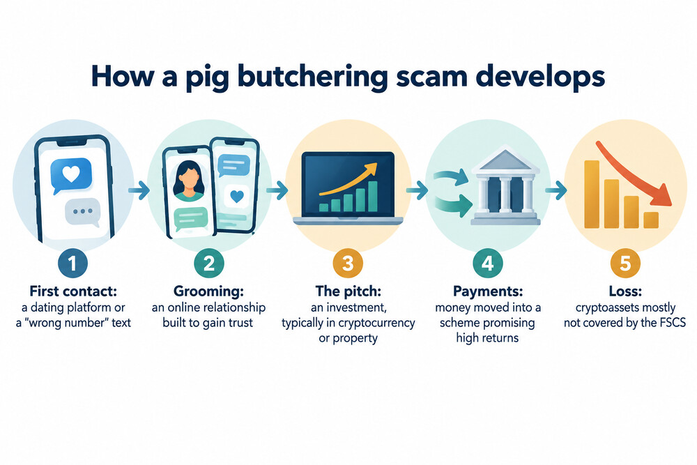 How a pig butchering scam moves from contact to a fake investment
