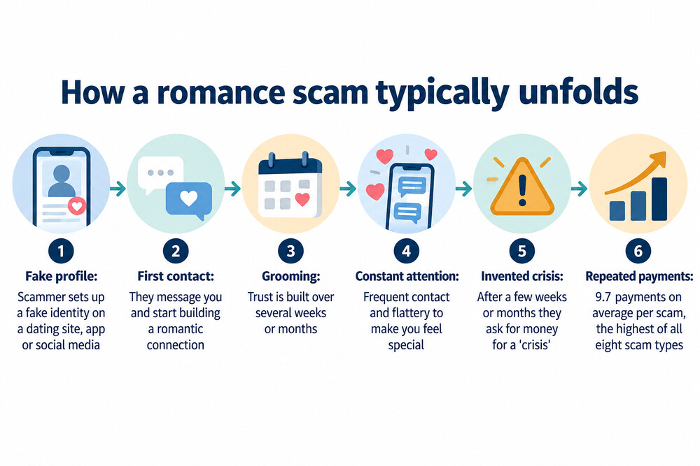 A timeline showing the stages of a romance scam, from first contact to the request for money