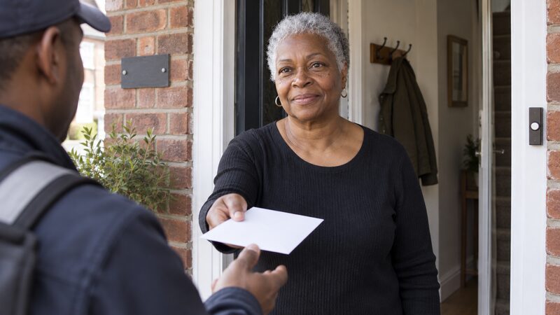 A doorstep scene with a courier holding an envelope, and a closed door