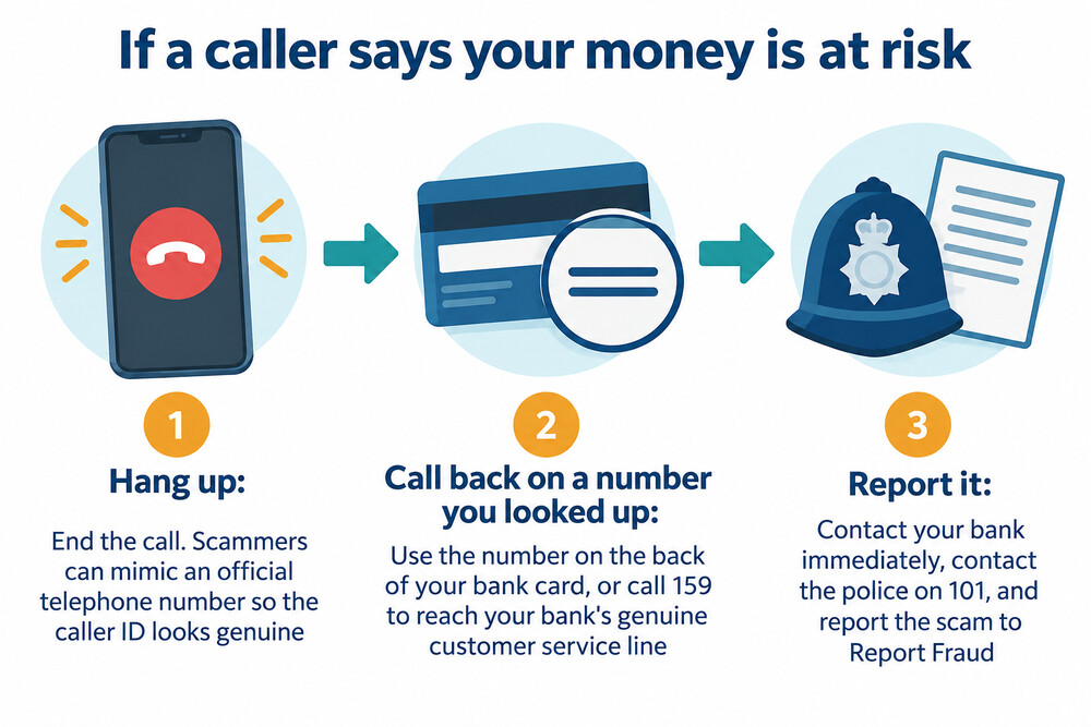 A simple three-step flow: hang up, call back on a number you looked up, report it