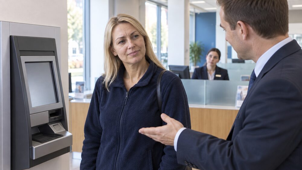 A woman shakes her head at a stranger beside a paying-in machine in a bank branch.