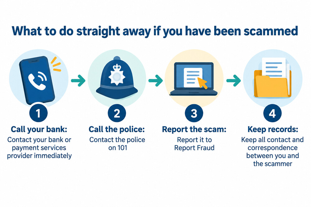 A handwritten checklist beside a phone and a bank card, showing the first steps after discovering a scam