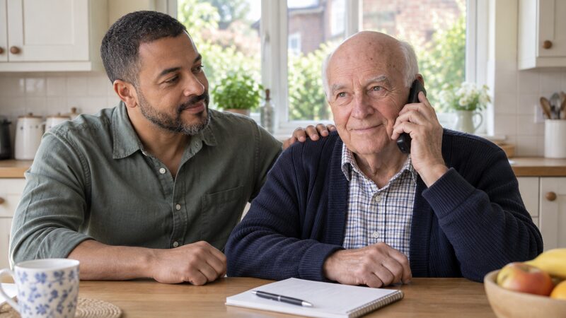A family member sitting beside an older relative, helping them make a supportive phone call